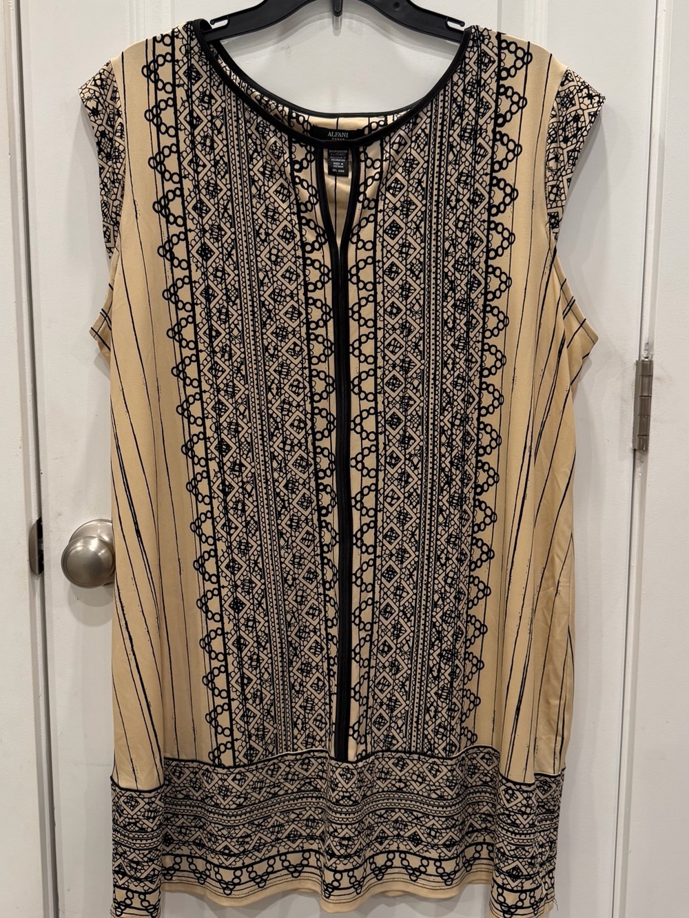 Alfani Beige Tunic Top with Black Geometric Trim